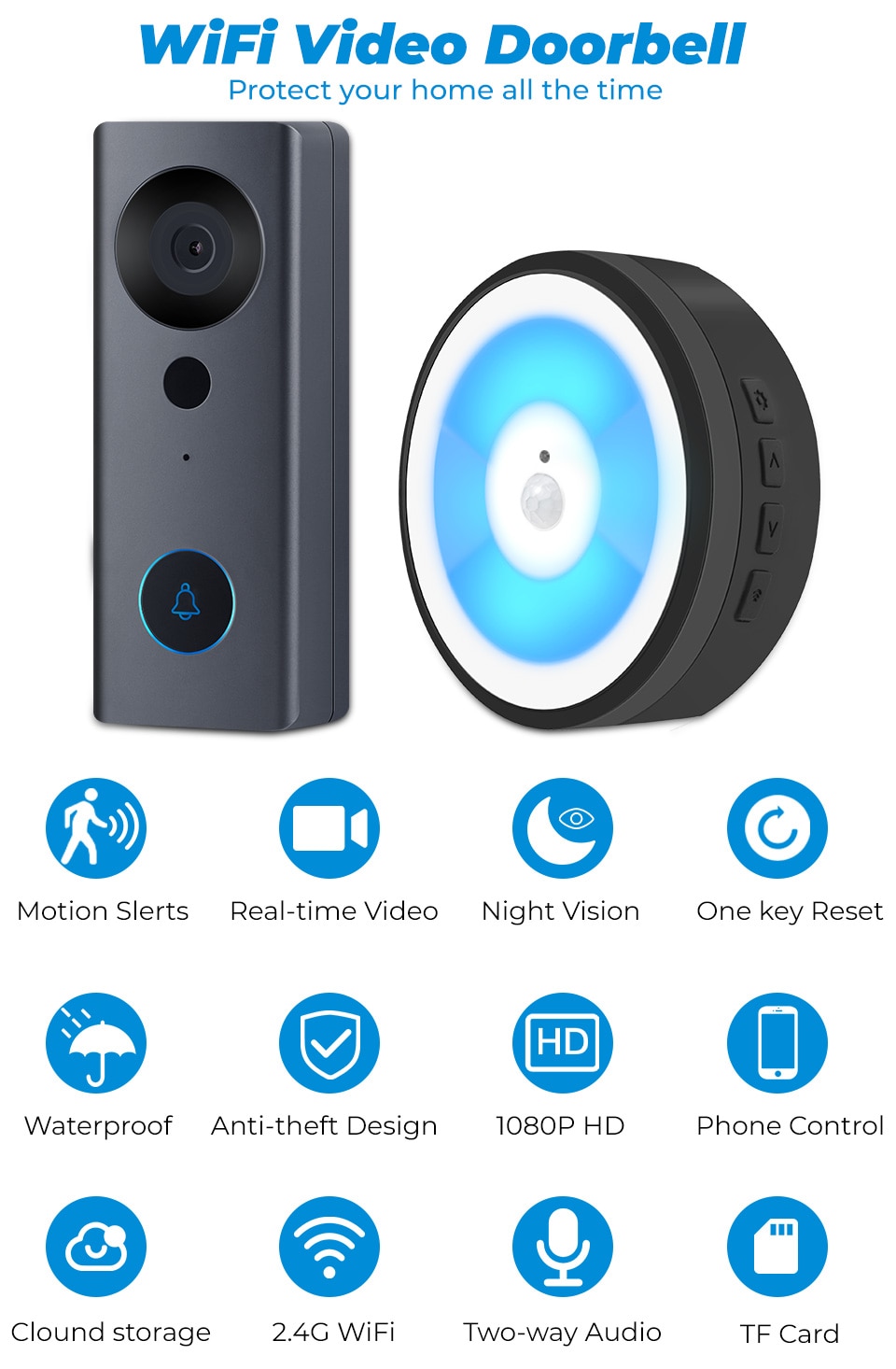 SMATRUL Tuya 1080P HD Video Doorbell Camera WiFi Wireless Smart Home Door Bell Outdoor Intercom 2 Way Audio LED Night Light USB
