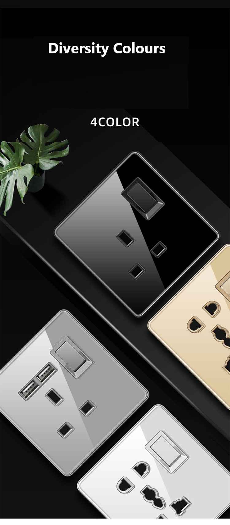 Luxury All Tempered Glass Wall Light Switch Button Black UK Plug 13A Universal Wall Socket with Usb ,220V1gang2way Speed Switch