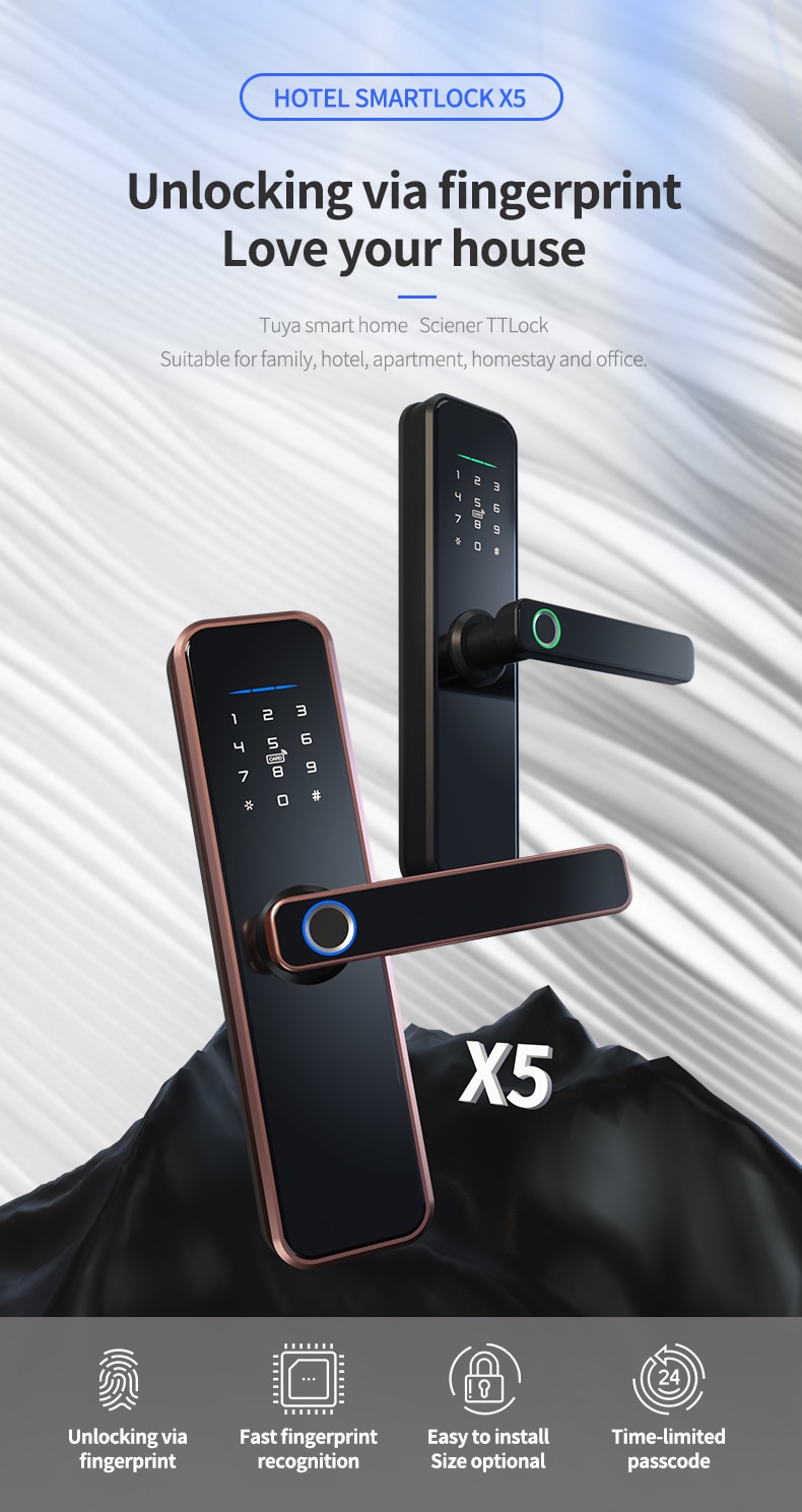 X5 Wifi Electronic Smart Door Lock With ttlock App, Security Biometric Fingerprint Intelligent Lock With Password RFID card