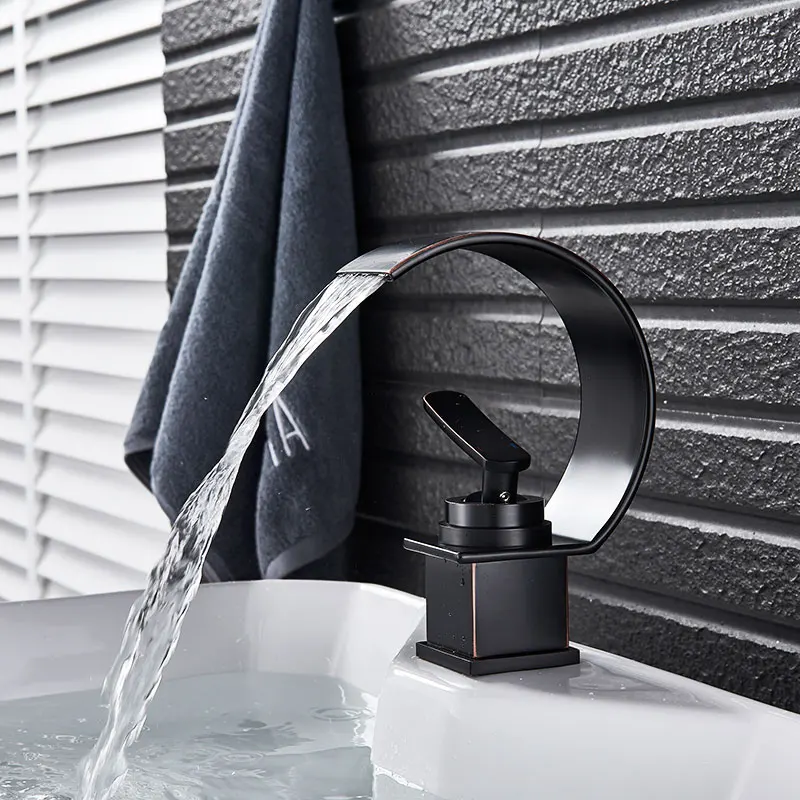 Copper Single Hole Dual Handles Hot and Cold Basin Mixer Faucet Creative Waterfall Water Outlet Bathroom Vessel Sink Mixer Taps Copper Single Hole Dual Handles Hot and Cold Basin Mixer Faucet Creative Waterfall Water Outlet Bathroom Vessel Sink Mixer Taps