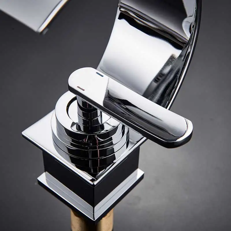 Copper Single Hole Dual Handles Hot and Cold Basin Mixer Faucet Creative Waterfall Water Outlet Bathroom Vessel Sink Mixer Taps Copper Single Hole Dual Handles Hot and Cold Basin Mixer Faucet Creative Waterfall Water Outlet Bathroom Vessel Sink Mixer Taps