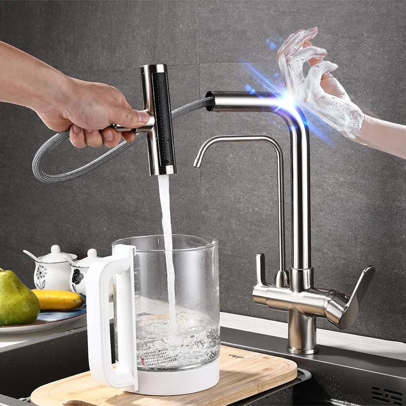 Waterfall Touch Filter Kitchen Faucet Quality Brass Hot Cold Kitchen Sink Mixer Tap 3 Ways Pure Water Touch on Kitchen Faucets