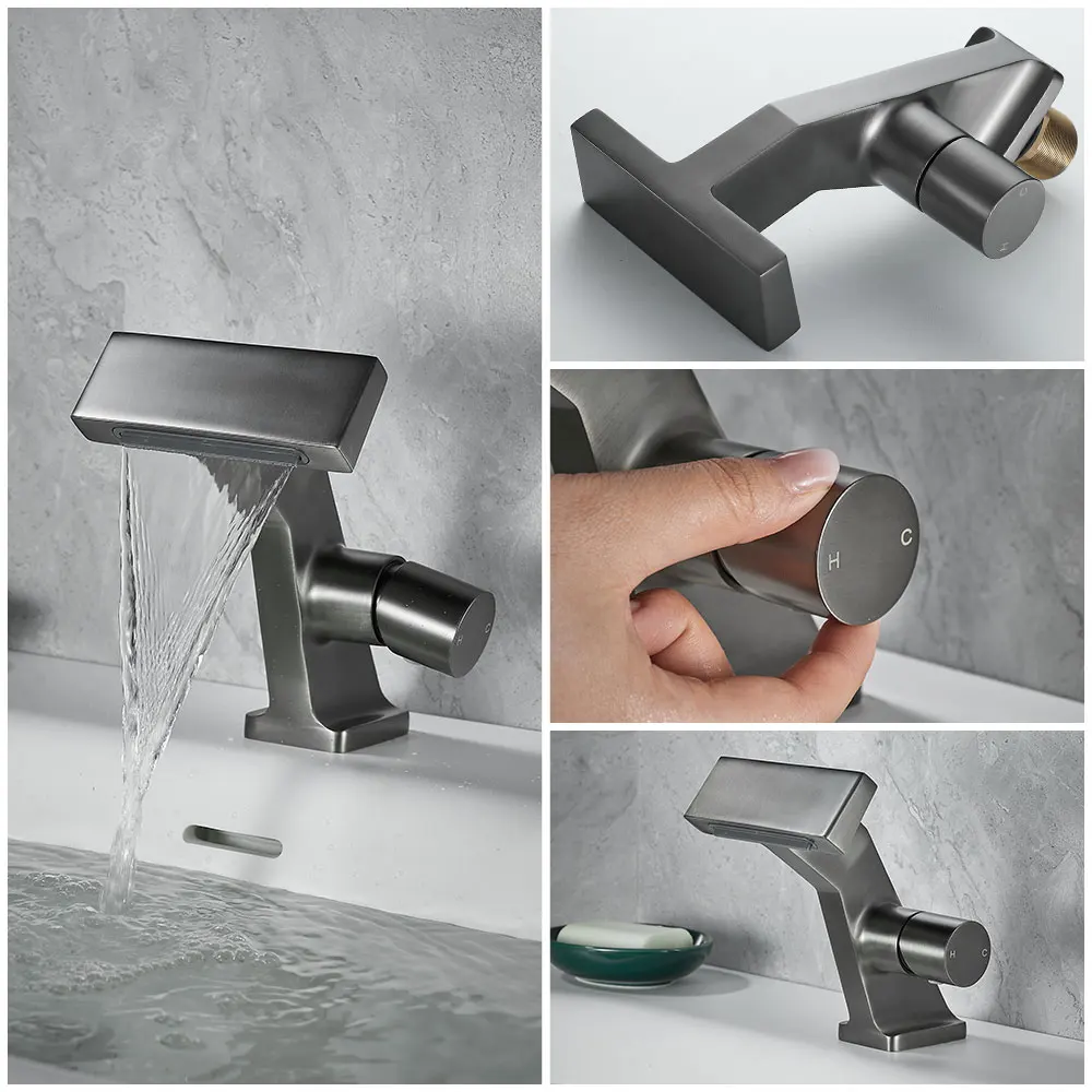 Matte Gray Bathroom Sink Faucet New Design Waterfall Basin Faucets Washbasin Hot Cold Brass Mixer Vanity Single Hole Water Taps Matte Gray Bathroom Sink Faucet New Design Waterfall Basin Faucets Washbasin Hot Cold Brass Mixer Vanity Single Hole Water Taps