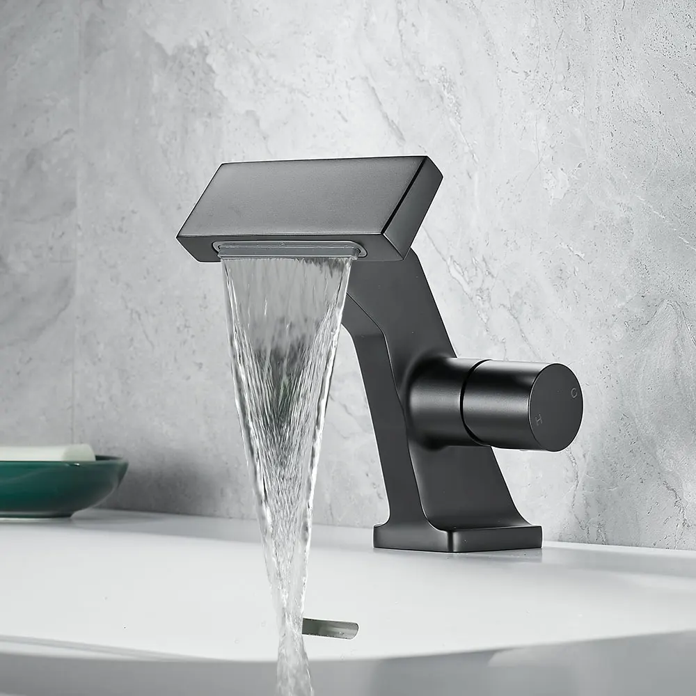 Matte Gray Bathroom Sink Faucet New Design Waterfall Basin Faucets Washbasin Hot Cold Brass Mixer Vanity Single Hole Water Taps Matte Gray Bathroom Sink Faucet New Design Waterfall Basin Faucets Washbasin Hot Cold Brass Mixer Vanity Single Hole Water Taps