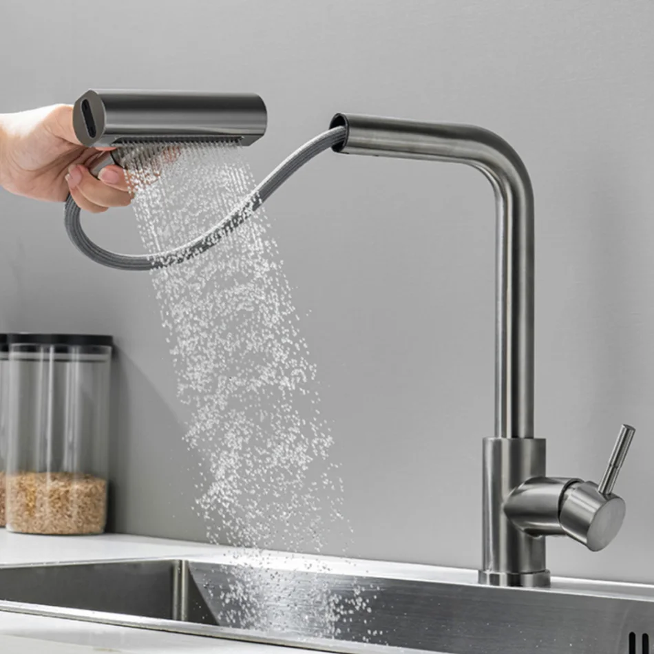 Brushed Gold Kitchen Faucet Pull Out Waterfall Black 304 Stainless Steel 360° Rotation Hot and Cold Water Saving Mixer Sink Tap