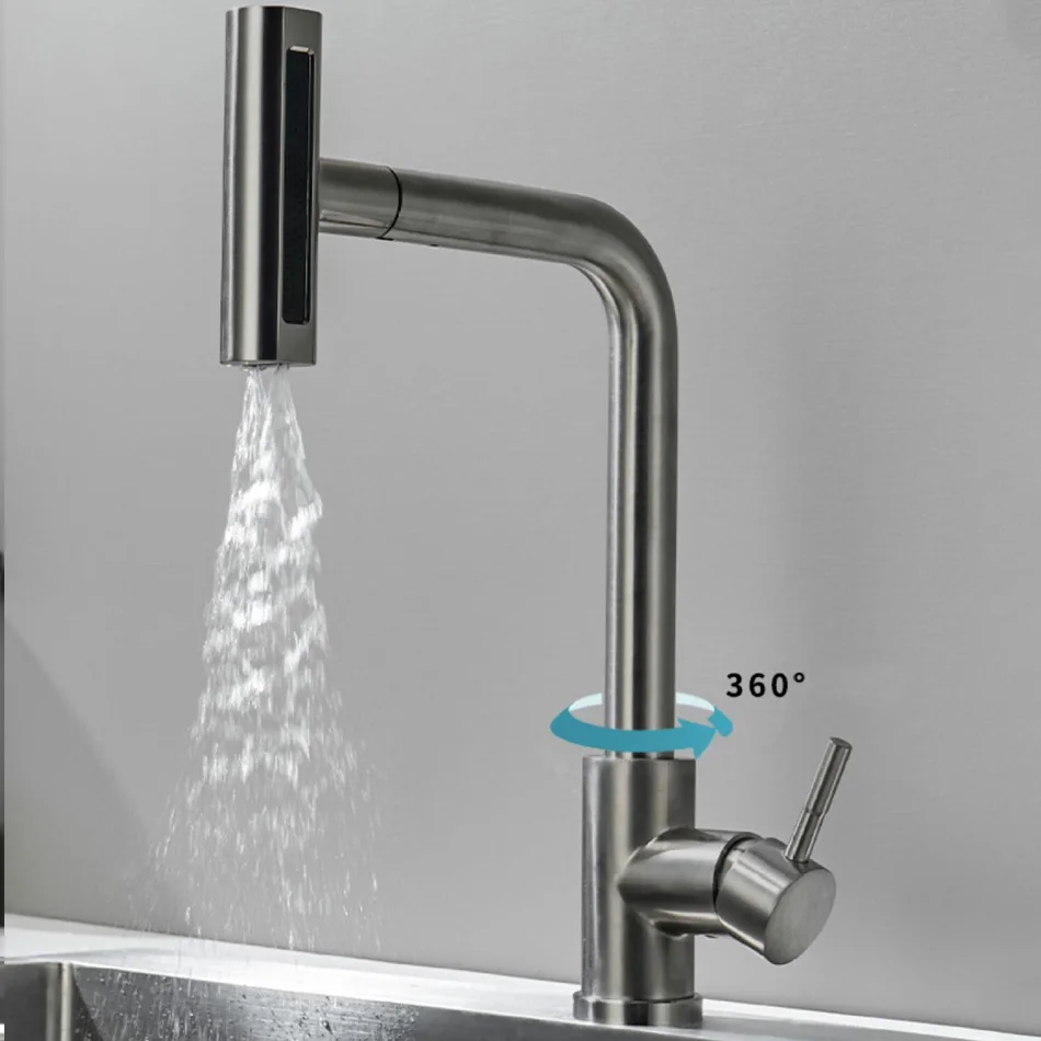 Brushed Gold Kitchen Faucet Pull Out Waterfall Black 304 Stainless Steel 360° Rotation Hot and Cold Water Saving Mixer Sink Tap