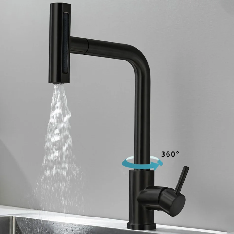 Brushed Gold Kitchen Faucet Pull Out Waterfall Black 304 Stainless Steel 360° Rotation Hot and Cold Water Saving Mixer Sink Tap
