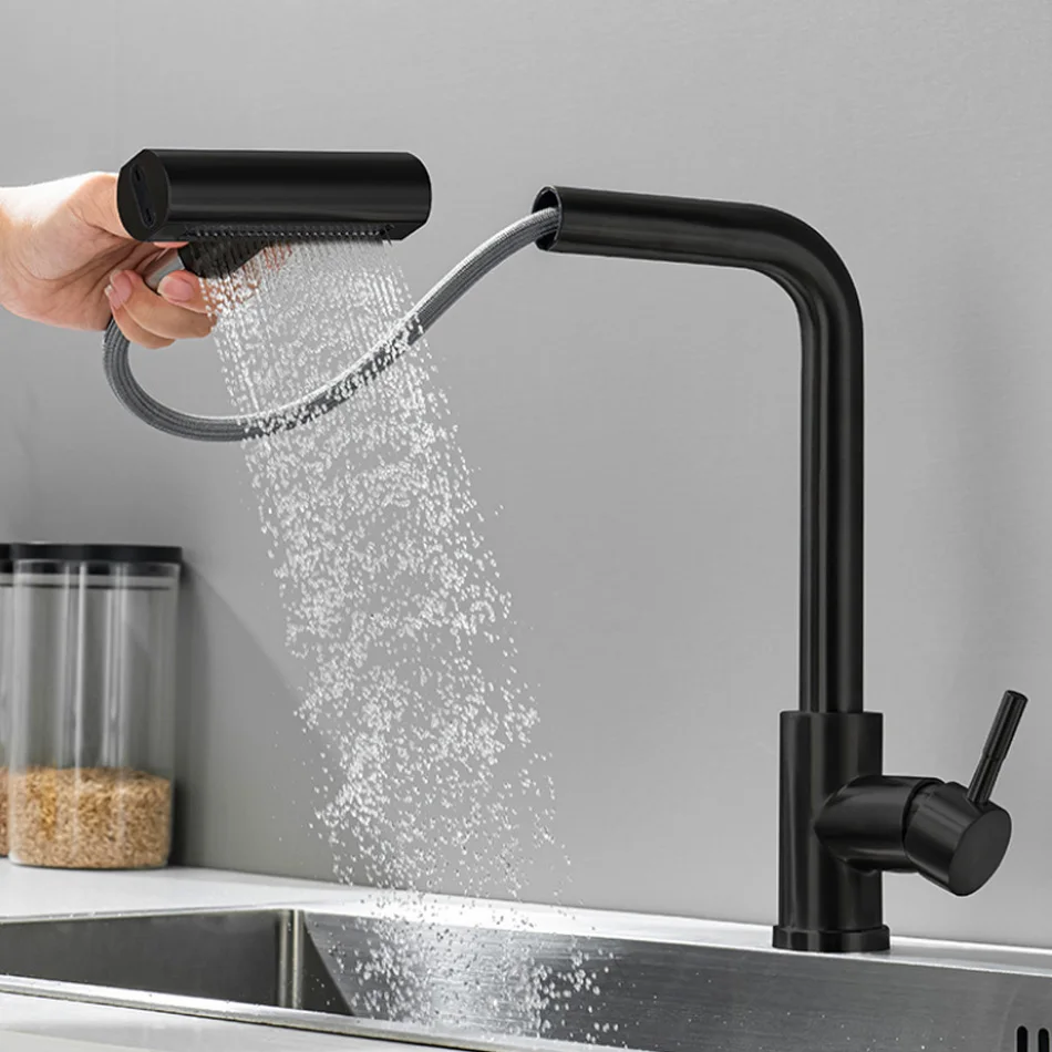 Brushed Gold Kitchen Faucet Pull Out Waterfall Black 304 Stainless Steel 360° Rotation Hot and Cold Water Saving Mixer Sink Tap