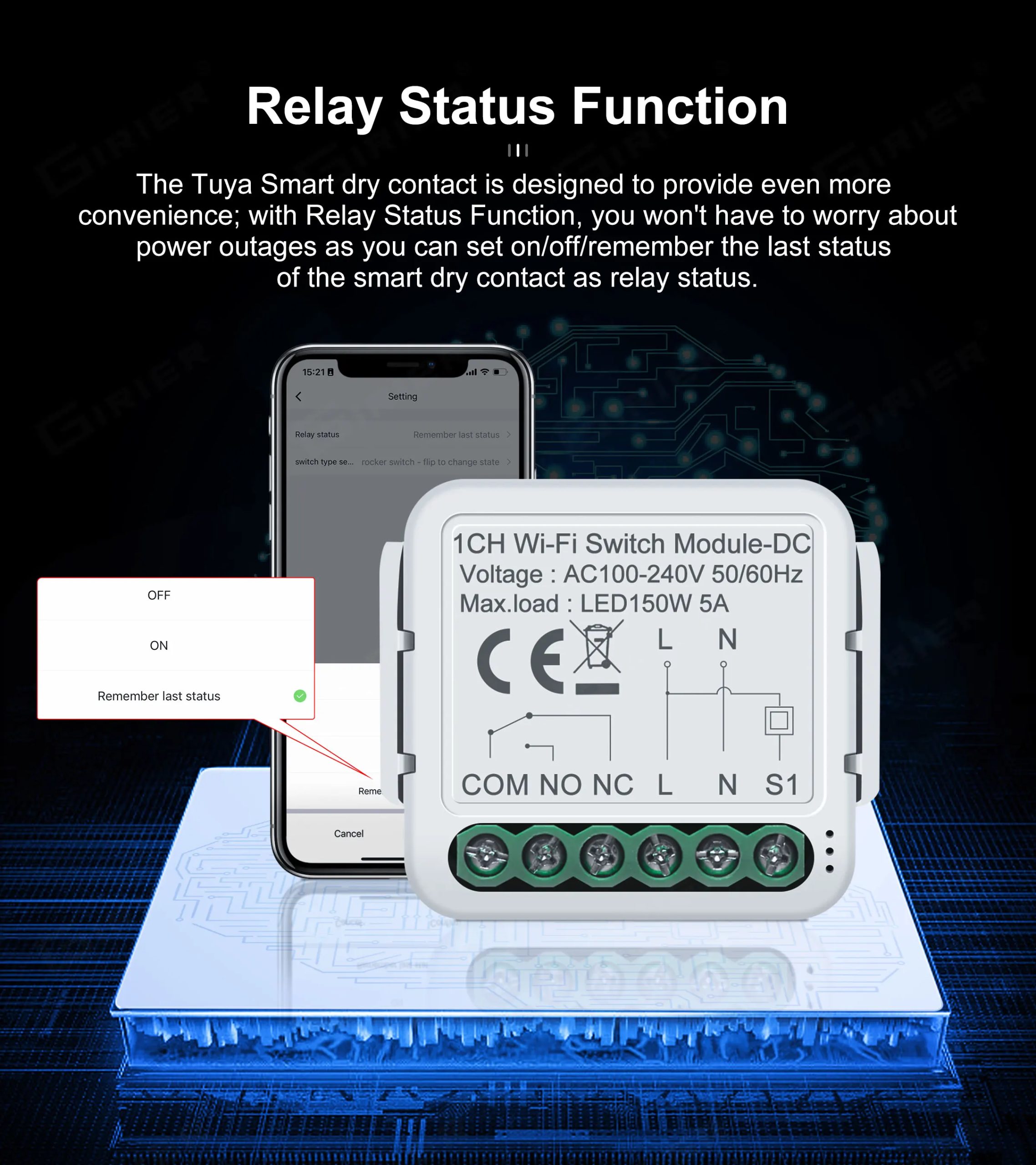 GIRIER Smart Dry Contact WiFi Switch Module Smart Home DIY Breaker Relay DC 12/24V AC 100-240V Compatible with Alexa Google Home